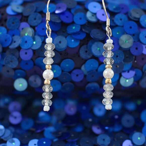 Dainty Labradorite & Pearl Earrings • Sterling Silver • Gold-Tone Accents - Picture 7 of 12